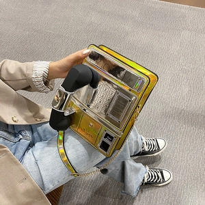 Bolso cruzado novedad teléfono mujer, elegante bolso hombro de cuero PU láser holográfico.