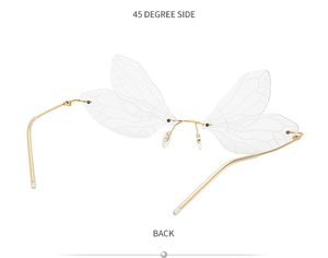 Detail view of dragonfly wing sunglasses showing side and back perspectives