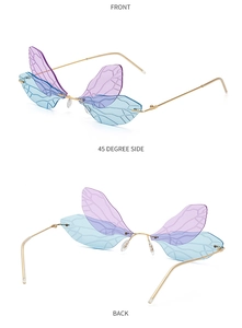 Three-angle view of dragonfly wing sunglasses in purple and blue gradient tones