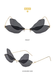 Front and 45-degree side view of dragonfly wing sunglasses with gold metal temples