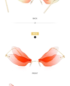 Front and back detail of dragonfly wing sunglasses in red and gold with metal temples