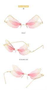Macro view of rimless dragonfly wing sunglasses with yellow pink gradient lenses