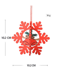 Detail of red 3D wooden snowflake ornament with dimensions 10.2 cm and 18g weight