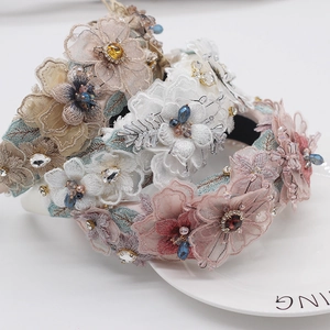 Baroque Wide Headband With 3D Lace Flowers Rhinestone Crystal And Faux Artificial Pearl Decorative Hair Accessories For Women