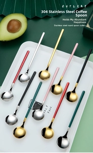 Macro view of 304 stainless steel coffee spoons with colorful matte handles in a tray