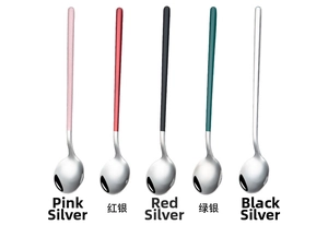 Detail view of five 304 stainless steel coffee spoons in multi-color handle finishes