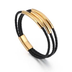 Men's punk multilayer braided leather bracelet with gold curved tube metal accents