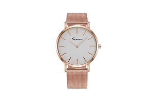 Close-up of rose gold Milanese mesh strap and white dial on minimalist quartz watch