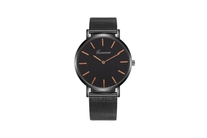 Detail view of a minimalist black quartz watch featuring a rose gold index and mesh band
