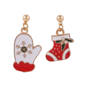 Detail of Christmas glove and sock earrings with colorful enamel and sparkling rhinestones
