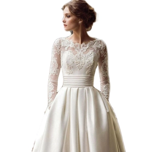 Elegant ivory long sleeve lace wedding dress with satin A-line skirt and pleated waist