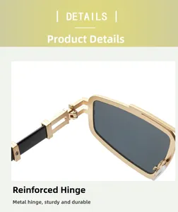 Close-up of the reinforced metal hinges on stylish black and gold retro sunglasses