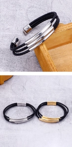 Detail of multi-layer braided leather bracelet featuring silver and gold metal tubes