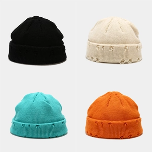 Distressed Knitted Beanie Hat Ripped Retro Skull Cap For Men Women Solid Color Hip Hop Streetwear Winter Warm