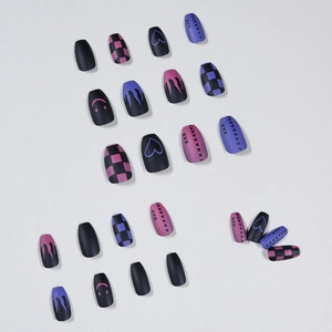Matte coffin press-on nails with punk flame, checkerboard and heart designs in black and purple