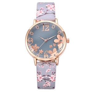 Women Fashion Quartz Watch With Sakura Floral Print Leather Strap Rose Gold Alloy Case Analog Elegant Wristwatch