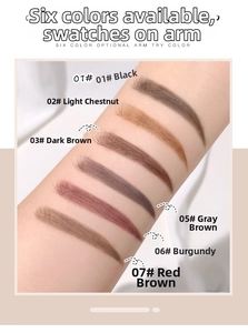 Arm swatches of waterproof eyebrow pencils in black, light chestnut, and brown shades