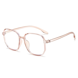 Stylish pink transparent polygonal anti-blue light glasses with a modern plastic frame