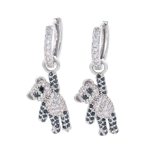 Silver bear hoop earrings with sparkling black and white rhinestones for women