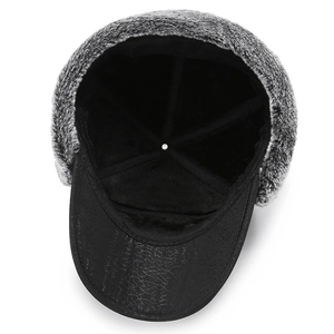 Winter thermal trapper hat with black faux leather and thick grey plush lining for cold weather