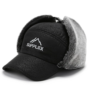 Winter thermal trapper hat in black textured fabric with grey faux fur ear flaps