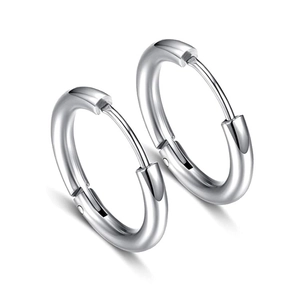 Polished silver stainless steel hoop earrings with minimalist circular design on white