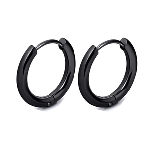Minimalist black stainless steel hoop earrings with polished smooth finish for women