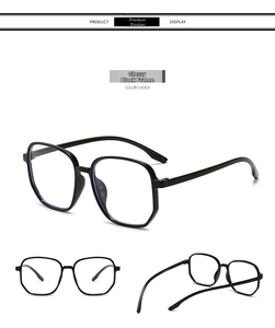 Detail of bright black oversized polygonal eyeglass frames with blue light blocking lenses