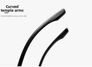 Detail shot of the ergonomic curved temples of the black polished fashion glasses