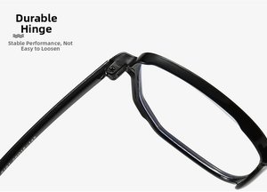 Close-up of the sturdy metal hinge and printed model parameters on black plastic glasses