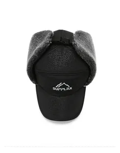 Close-up of winter aviator hat with waterproof texture, gray faux fur lining and buckle