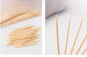 Macro detail of high-quality double-pointed bamboo toothpicks showing smooth natural texture