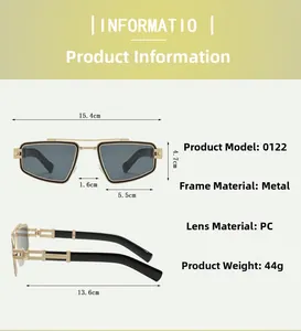 Detailed size chart of vintage double-bridge geometric sunglasses with metal frame