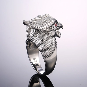 Exquisite men's dragon head ring in S925 sterling silver with red gemstone eyes