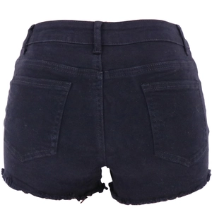 Detail view of black denim shorts featuring back pockets and raw hem edges
