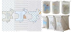 Detail of collapsible laundry baskets with X-frame and round bin in various patterns