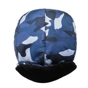Blue camouflage trapper hat with thick black faux fur lining for winter outdoor warmth