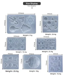 Size display of 7 Christmas silicone molds with weights and dimensions for DIY crafts