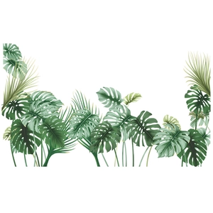 Detail of green monstera and palm leaf wall stickers on a clean white background