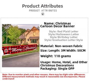 Detail showing red and black plaid Merry Christmas banner dimensions 3m x 50cm