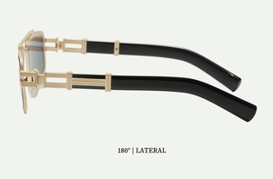 Detail of retro square sunglasses featuring golden metal frames and 180-degree side view