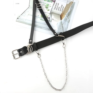 Punk style black PU leather body chain belt with silver rings and metal side chains