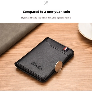 Slim men's black leather wallet with 10mm thickness compared to a coin on wood