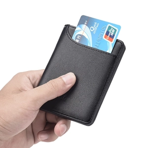 Slim black leather card holder wallet for men with vertical design and embossed logo