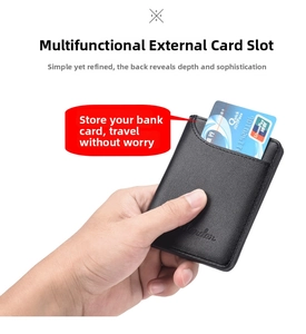 Close-up of slim black leather card wallet showing the convenient outer card slot