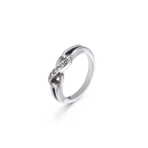 Elegant 8-shaped titanium steel ring with zirconia inlays on a clean white background