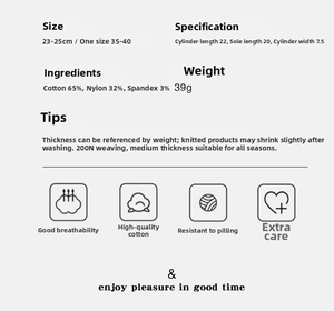 Size chart for women's cotton crew socks with detailed measurements and material info