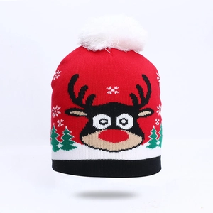Christmas reindeer knit hat with festive red snowflake patterns and white faux fur pompom