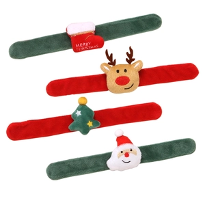 Set of four plush Christmas slap bracelets with reindeer, Santa, and tree decorations