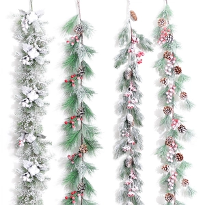 Christmas Garland Rattan With Flocked Snow Pine Cones Red Berries Artificial Pine Needle Holiday Home Wall Decoration